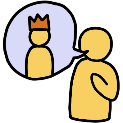 a yellow figure pointing to themself and speaking a light purple speech bubble that depicts the same figure with a golden crown on their head.